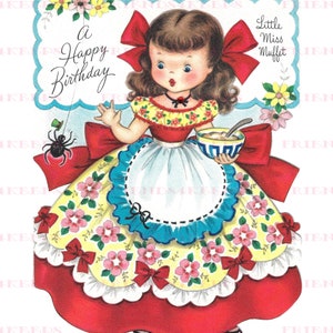 LITTLE MISS MUFFET Vintage Mutter Gans Kinderlied Front-n-Back Geburtstagskarte von Fairfield Sofortiger digitaler Download 2 jpg Dateien 600 dpi