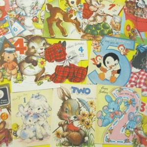 DOWNLOAD INSTANTÂNEO Cartão de aniversário infantil vintage com frentes de 1 a 8 anos - Imagens brilhantes de animais fofos - 1 PDF com 8 páginas (2 imagens/página), 300 dpi