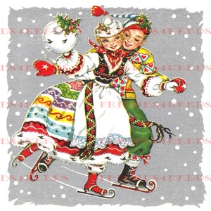 DOWNLOAD ISTANTANEO Vintage "Pattinatori su ghiaccio in costumi scandinavi" Cartolina di auguri di Natale stampabile Clip Art Image--1 jpg 600 dpi