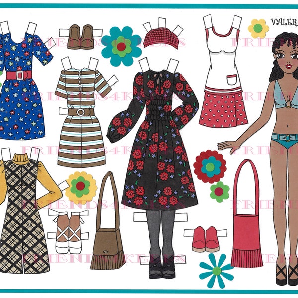 Printable MOD DOLLIES "Valerie" Instant Download 1 jpg 600 dpi Digital Paper Doll of the 1960s-70s by Artist Alina Kolluri--8.5" x 11"