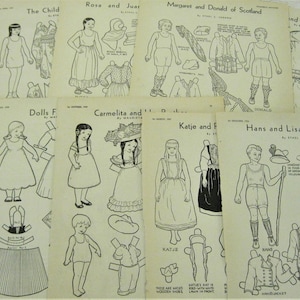 Afdrukbare 10 pagina's tellende PDF Around-the-World Vintage papieren poppen om te kleuren en knippen uit Children's Activity Magazine, jaren 1930 - INSTANT DOWNLOAD
