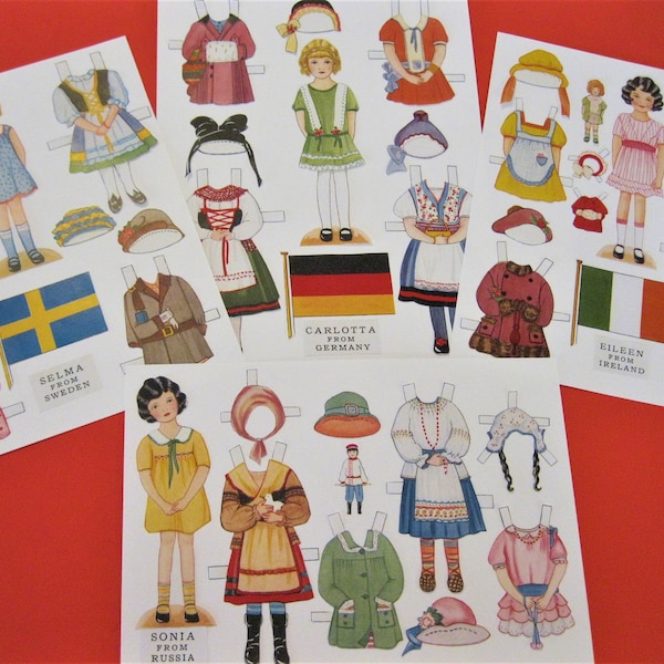 INSTANT DOWNLOAD 4 jpg 600 dpi Vintage "Little Americans from Other Lands" Printable Paper Dolls, 1930s: Germany, Ireland, Russia and Sweden