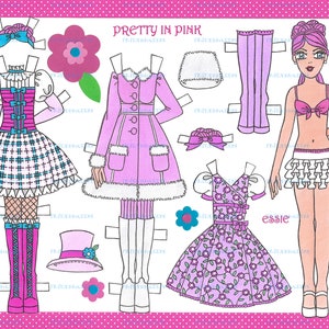 Imprimível em 2 páginas "Pretty in Pink ESSIE" Download instantâneo Boneca de papel adolescente digital com cabelo rosa de Alina Kolluri - 2 arquivos jpg 600 dpi