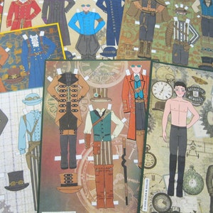 Könnte beinhalten: Eine Sammlung von Papierpuppen mit steampunk-inspirierter Kleidung und Accessoires. Die Puppen sind in verschiedenen Outfits gekleidet, darunter ein roter Mantel, eine blaue Weste und eine braune Jacke. Die Puppen sind von Zifferblättern und Zahnrädern umgeben, was eine fantasievolle und imaginative Szene erzeugt.