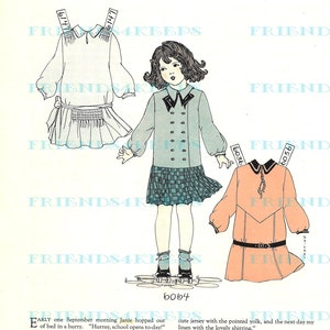 May include: A vintage illustration of a girl wearing a blue dress with a white collar and a plaid skirt. The illustration is from a 1928 magazine and includes a pattern for the dress and skirt. The text in the image reads "Your Dress and Dolly's" and "Designed by Chiquet. With patterns."