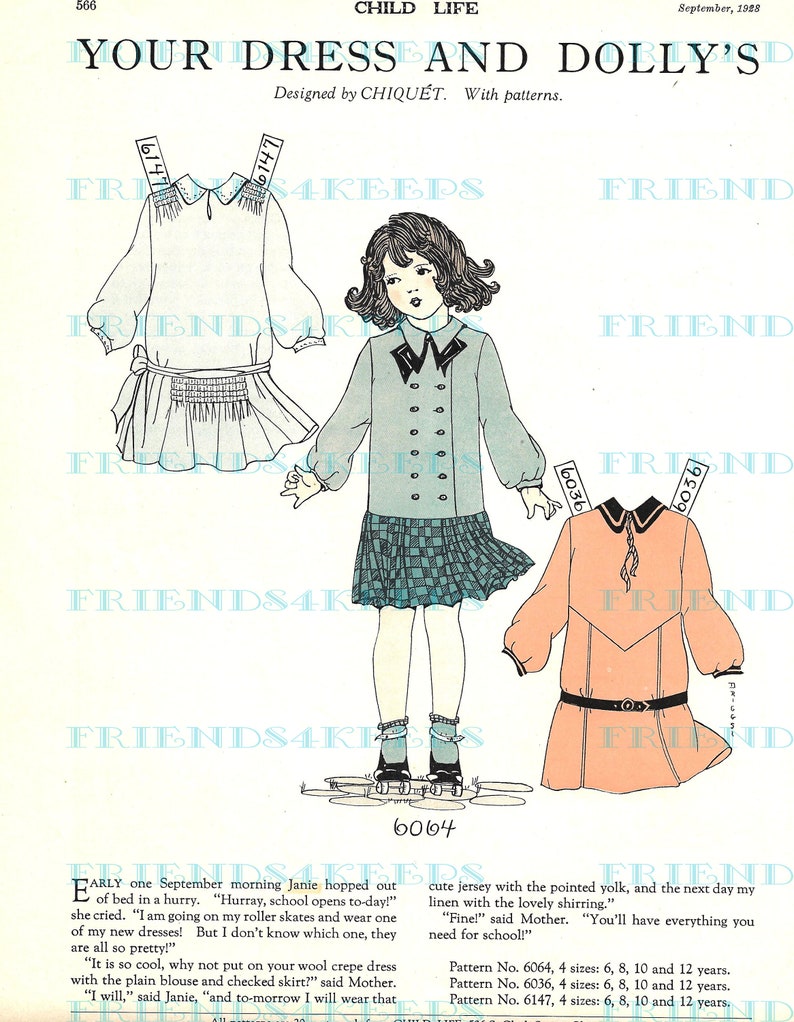 May include: A vintage illustration of a girl wearing a blue dress with a white collar and a plaid skirt. The illustration is from a 1928 magazine and includes a pattern for the dress and skirt. The text in the image reads "Your Dress and Dolly's" and "Designed by Chiquet. With patterns."
