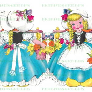 Tarjeta de felicitación con frente y dorso de CHICA HOLANDESA VINTAGE con TULIPANES Descarga digital instantánea 1 archivo jpg de 300 dpi y 1 archivo jpg de 600 dpi