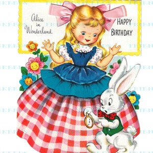 Vintage ALICE-IN-WONDERLAND Front-n-Back druckbare Geburtstagskarte Bilder von Fairfield Digital Download 4 jpg Dateien 300 und 600 dpi