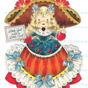 LITTLE GIRL mit einem CURL Vintage druckbare Mutter Gans Kinderzimmer Reim Front-n-Back Grußkarte digitaler Download--2 jpg Dateien 600 dpi--1940s