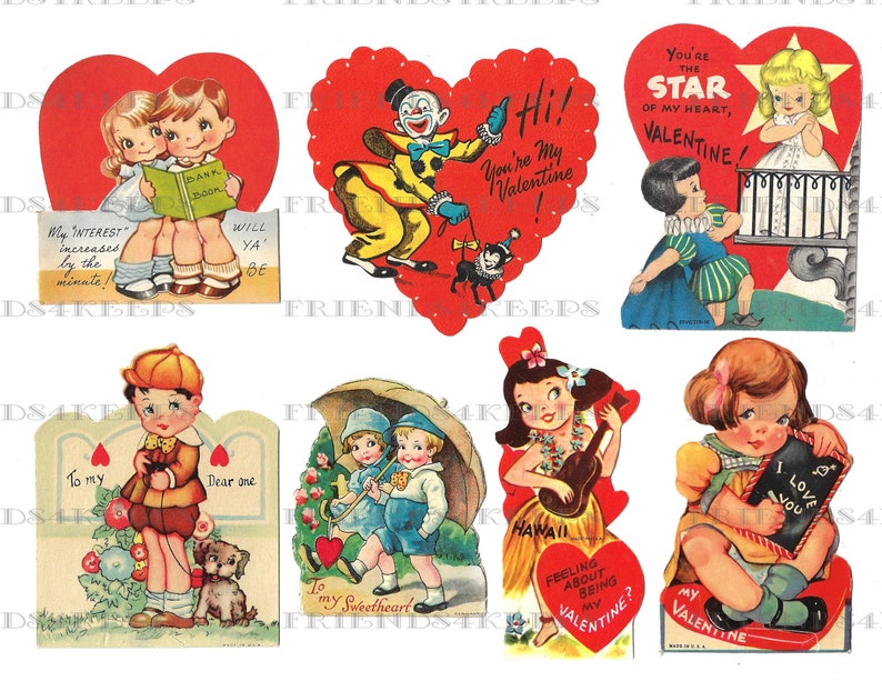 25 Printable Vintage Children's VALENTINE'S DAY CARDS Digital Download4 jpg files 600 dpiAdorable Kids, Animals & Household Items image 3