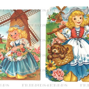 4 DUTCH GIRLS Descarga digital instantánea--Imágenes encantadoras y brillantes de tarjetas de felicitación vintage 2 archivos jpg de 300 ppp y 2 archivos jpg de 600 ppp