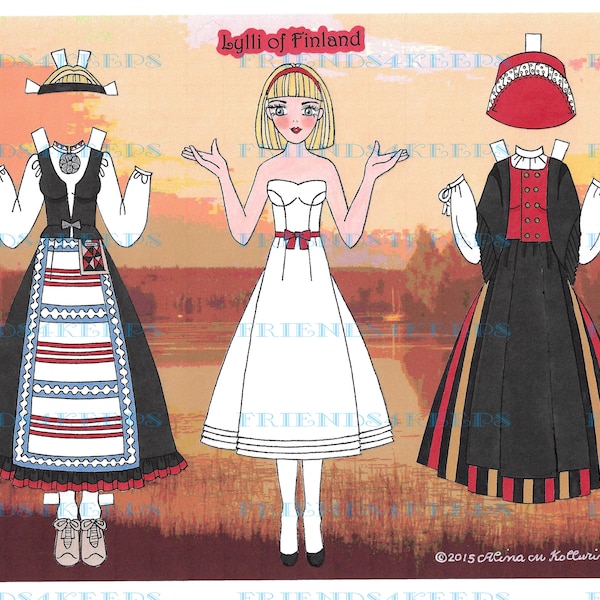 Printable FINNISH Folk Costumes "Lylli of Finland" Paper Doll INSTANT DOWNLOAD 1 jpg 600 dpi by Alina Kolluri--Print on 8.5" x 11" Paper