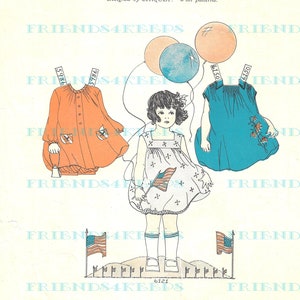 May include: A vintage illustration of a girl and her doll dressed in patriotic red, white, and blue dresses for the Fourth of July. The illustration includes the text "Your Dress and Dolly's" and "Hurray for the glorious Fourth of July, with all the noise and fun".