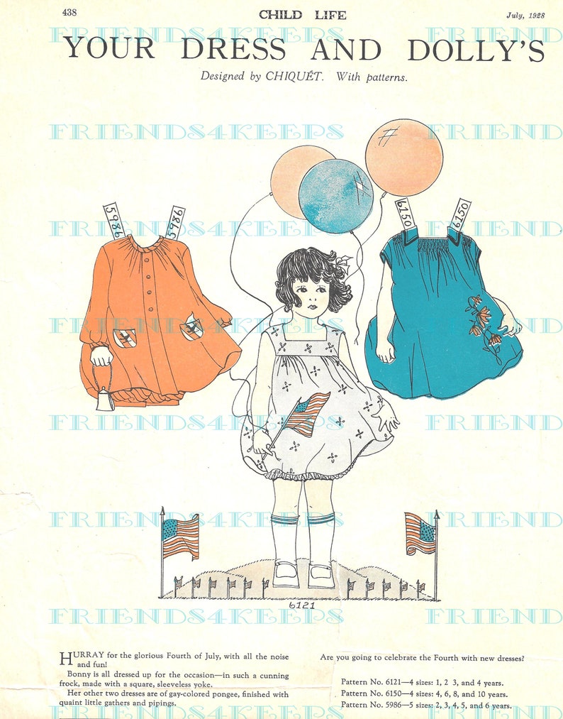 May include: A vintage illustration of a girl and her doll dressed in patriotic red, white, and blue dresses for the Fourth of July. The illustration includes the text "Your Dress and Dolly's" and "Hurray for the glorious Fourth of July, with all the noise and fun".
