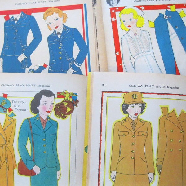 4 Printable PATRIOTIC Vintage 1940's World War II Service Women Paper Dolls--Instant Digital Downloads 4 jpeg files 600 dpi