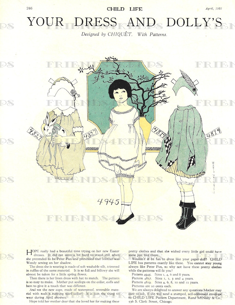 May include: A vintage illustration of a girl and her doll wearing Easter dresses. The illustration is from a 1985 issue of Child Life magazine and includes patterns for the dresses. The text reads "Your Dress and Dolly's" and "Designed by Chiquet. With Patterns."