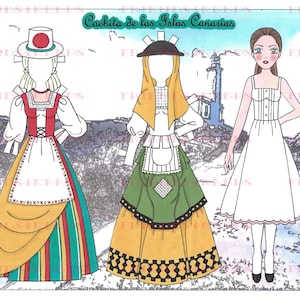 Printable CANARY ISLANDS "Cachita" Costumes of Spain Paper Doll Instant Download 1 jpg 600 dpi by Alina Kolluri--Print on 8.5" x 11" Paper