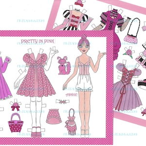 Imprimível em 2 páginas "Pretty in Pink ADDIE" Download instantâneo Boneca de papel adolescente digital com cabelo rosa de Alina Kolluri - 2 arquivos jpg 600 dpi