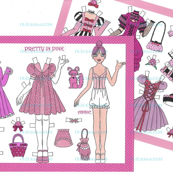 Printable 2-Page "Pretty in Pink ADDIE" Instant Download Digital Teen Paper Doll with Pink Hair by Alina Kolluri--2 jpg files 600 dpi