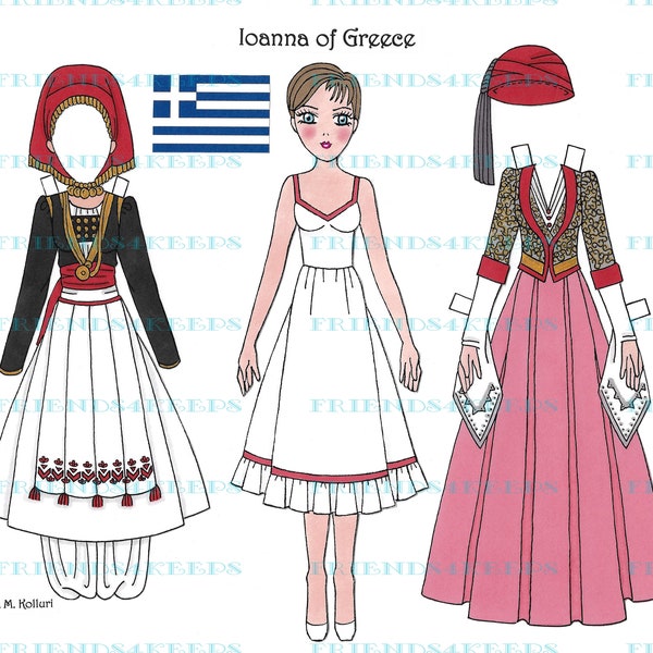 Printable GREEK COSTUMES "Ioanna" Paper Doll Instant Digital Download 1 jpg 600 dpi by Artist Alina Kolluri--Print on 8.5" x 11" Paper