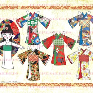 Printable JAPANESE KIMONO KOKESHI Paper Doll--Instant Digital Download 1 jpg 600 dpi by Artist Alina Kolluri--Print on 8.5" x 11" Paper