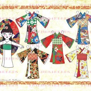 Printable JAPANESE KIMONO KOKESHI Paper Doll--Instant Digital Download 1 jpg 600 dpi by Artist Alina Kolluri--Print on 8.5&quot; x 11&quot; Paper