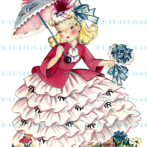 Vintage BELLE con sombrilla y Posy Tarjeta de felicitación de Pascua Imagen Digital Descargar 1 archivo jpg 300 dpi y 1 archivo jpg 600 dpi--LOVELY Artwork