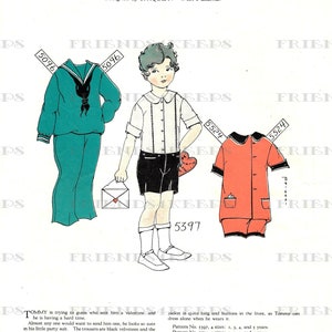 May include: A vintage paper doll set for a boy, featuring a sailor suit, a dress shirt and pants, and a red jacket. The paper doll set is from Child Life magazine, February 1927. The paper doll set includes patterns for each outfit.
