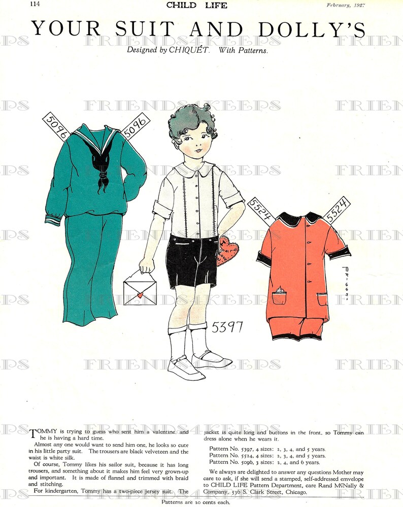 May include: A vintage paper doll set for a boy, featuring a sailor suit, a dress shirt and pants, and a red jacket. The paper doll set is from Child Life magazine, February 1927. The paper doll set includes patterns for each outfit.