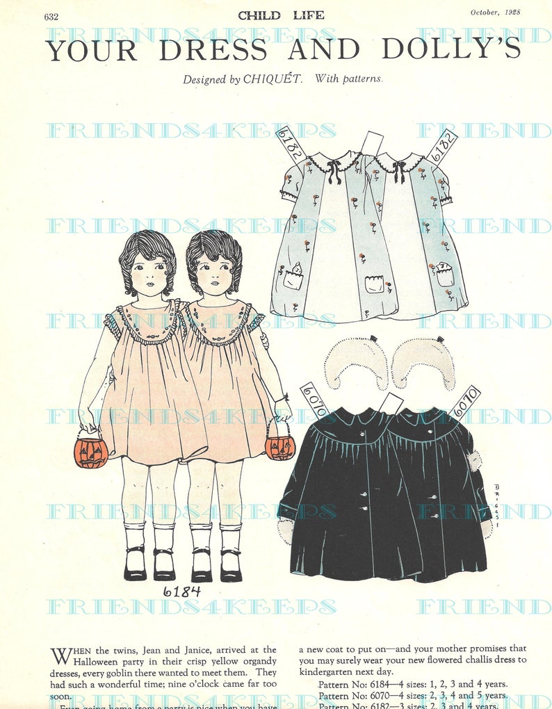 May include: A vintage illustration of two girls dressed in yellow organdy dresses holding jack-o-lantern buckets. The illustration is from a 1928 magazine article titled "Your Dress and Dolly's" and includes patterns for the dresses and a coat.  The text reads "When the twins, Jean and Janice, arrived at the Halloween party in their crisp yellow organdy dresses, every goblin there wanted to meet them. They had such a wonderful time; nine o'clock came far too soon."