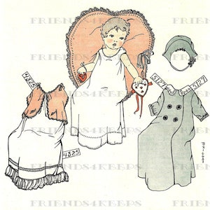 May include: A vintage illustration of a paper doll dressed in a white dress and a red jacket, holding a heart-shaped object. The doll is sitting in a heart-shaped chair. The illustration is from a 1926 magazine article titled "Your Dress and Dolly's" and includes the text "Designed by CHIQU&Eacute;T. With Patterns".