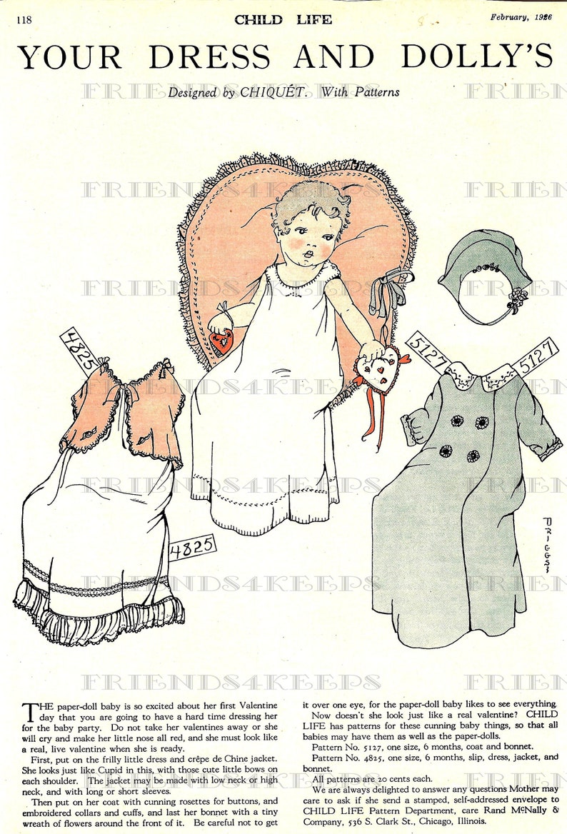 May include: A vintage illustration of a paper doll dressed in a white dress and a red jacket, holding a heart-shaped object. The doll is sitting in a heart-shaped chair. The illustration is from a 1926 magazine article titled "Your Dress and Dolly's" and includes the text "Designed by CHIQU&Eacute;T. With Patterns".