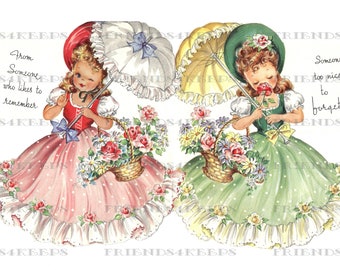 INSTANT DOWNLOAD Pretty Belles with Parasols Girl's Birthday Card 2 jpg files 600 dpi--3 Old-Fashioned Girls in Victorian Fashions