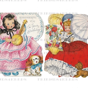 DOWNLOAD INSTANTÂNEO 6 Pretty Belles em 2 cartões de aniversário digitais vintage 5 arquivos jpg 600 dpi - Lindas fantasias antiquadas!