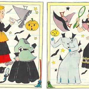 INSTANT DOWNLOAD 2 Cute Witches Vintage Printable Halloween Paper Dolls--3 jpg 600 dpi--1940s