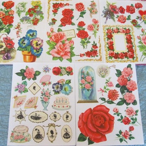 DESCARGA INSTANTE--Cinco hojas de collage de 8 1/2" x 11"--Hermosas imágenes de rosas, otras flores, siluetas y abanicos--5 jpg 600 dpi