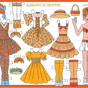 Printable &quot;Radiant in Orange AUTUMN&quot; Instant Download Digital Teen Paper Doll with Bright Red Hair by Alina Kolluri--1 jpg file 600 dpi