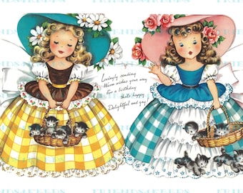 INSTANT DOWNLOAD Pretty Belle with Kittens Digital Birthday Card 2 jpg files 300 dpi & 2 jpg 600 dpi--Lovely Old-Fashioned Costumes!