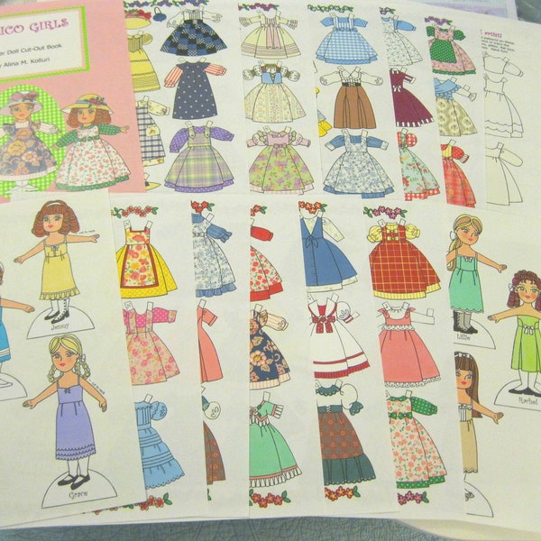 Printable 16-Pg CALICO GIRLS Paper Dolls by Alina Kolluri--Instant Download 300 dpi PDF--w/Coloring Pages Too!--Print on 8.5" x 11" Paper