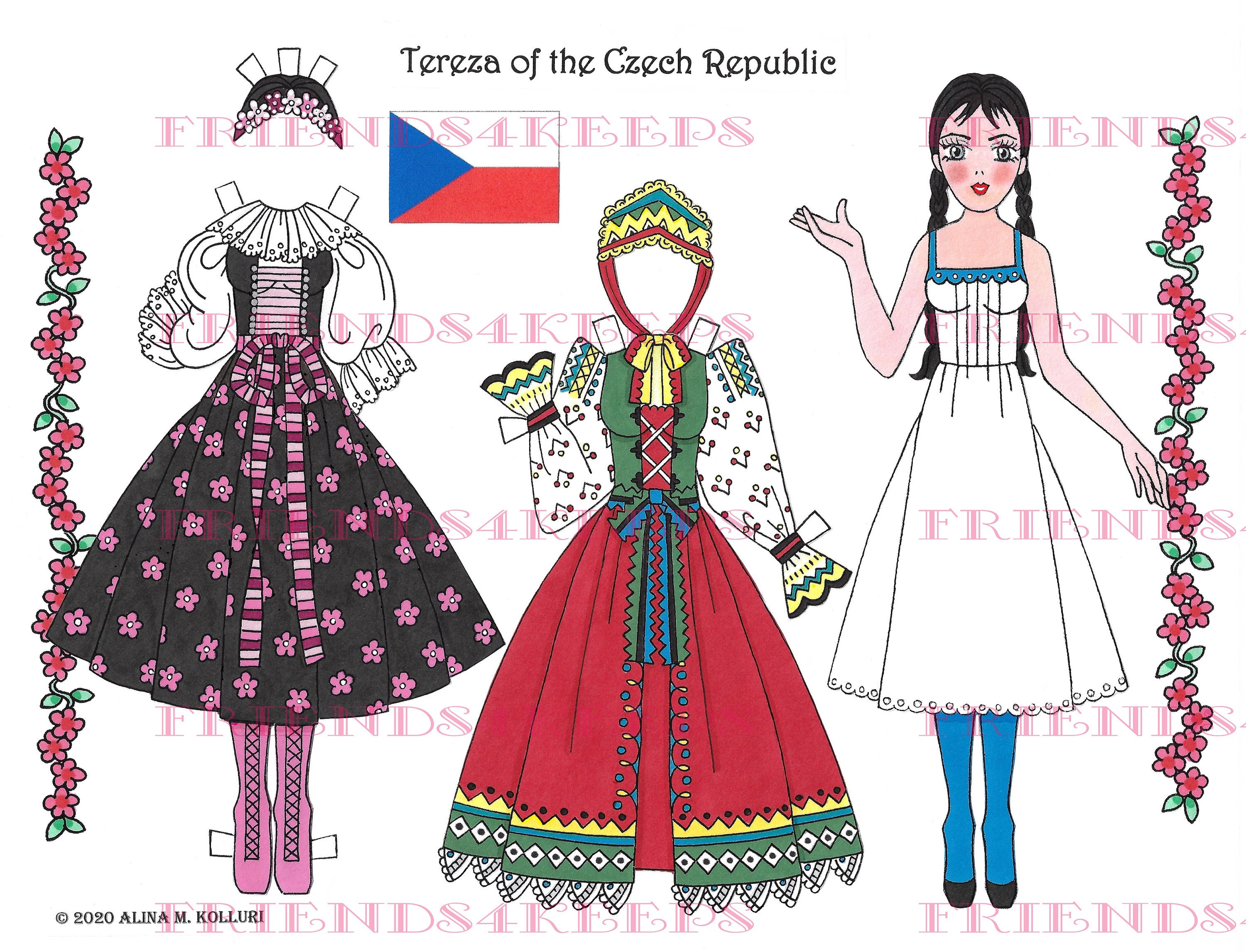 Printable CZECH FOLK COSTUMES "Tereza" Paper Doll Instant Digital Download 1 jpg 600 dpi by Artist Alina Kolluri--Print on 8.5" x 11" Paper