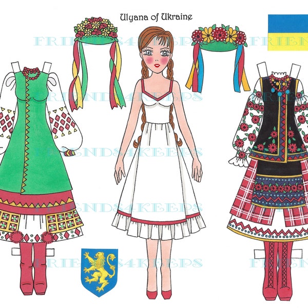 Printable UKRAINIAN FOLK COSTUMES Paper Doll Instant Digital Download 1 jpg 600 dpi by Artist Alina Kolluri--Print on 8.5" x 11" Paper