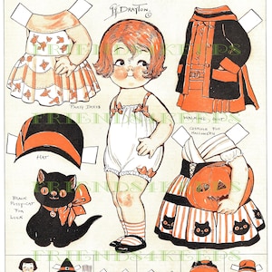 Dolly Dingle's HALLOWE'EN w/ Black Cat Vintage Paper Doll Digital Download 300/600 dpi  Grace G. Drayton, Pictorial Review Magazine Oct 1927