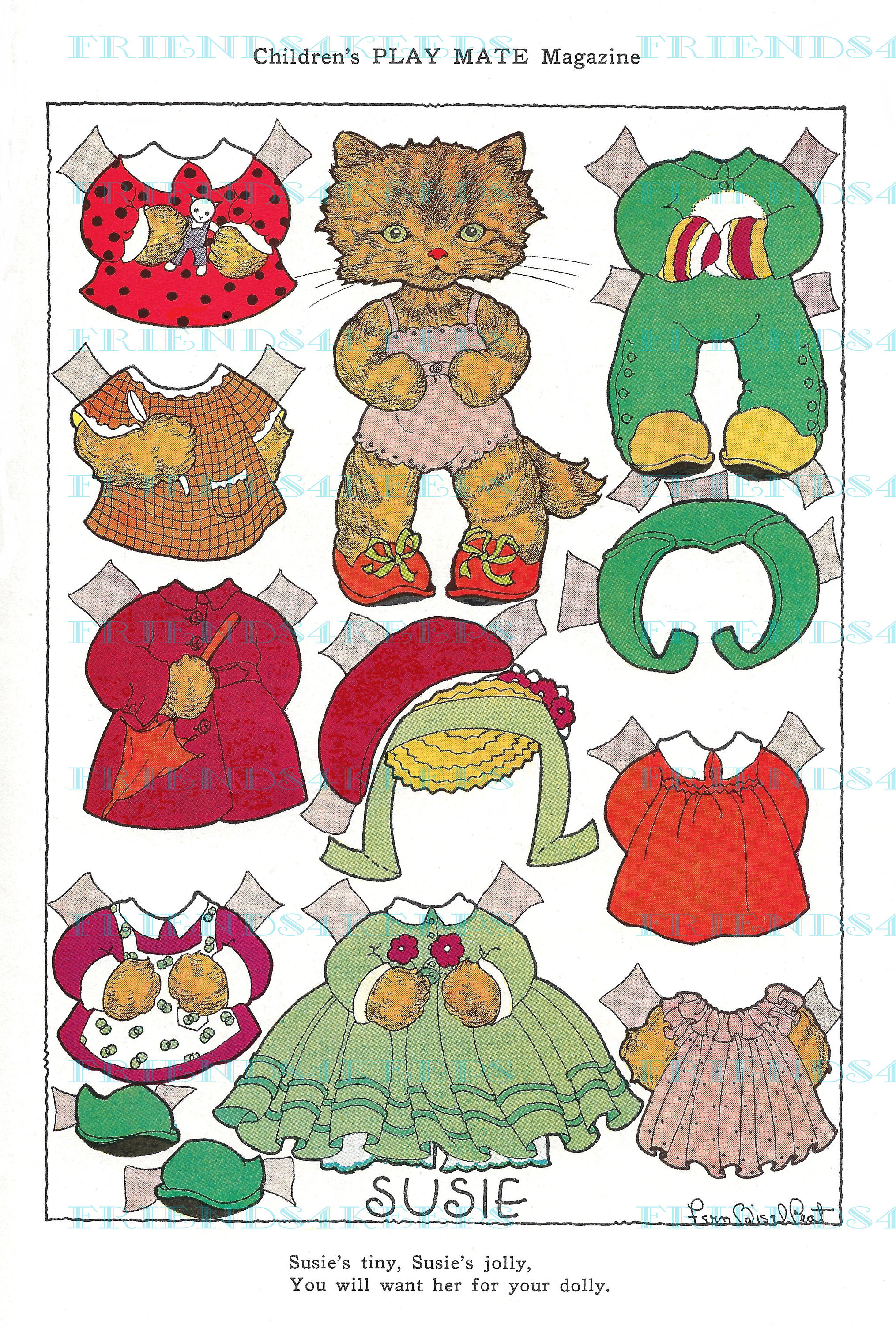 SUSIE KITTY Vintage Printable Orange Tabby Cat Paper Doll Instant Digital Download 600 dpi--1936 Children's Playmate Magazine
