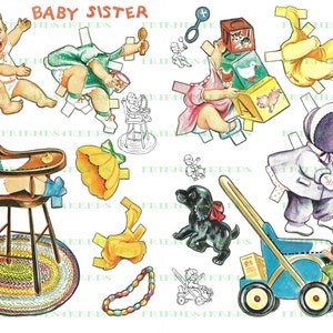 Imprimable BABY SISTER vintage Paper Doll Instant Digital Download 300 & 600 dpi - Idéal pour la baby shower, l’artisanat et les enfants avec nouveau bébé à la maison!