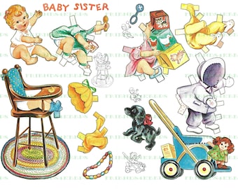 May include: A vintage paper doll set featuring a baby sister with various outfits and accessories. The set includes a high chair, a doll stroller, a dog, a doll, and a variety of clothing items. The paper doll set is printed on white paper with colorful illustrations.