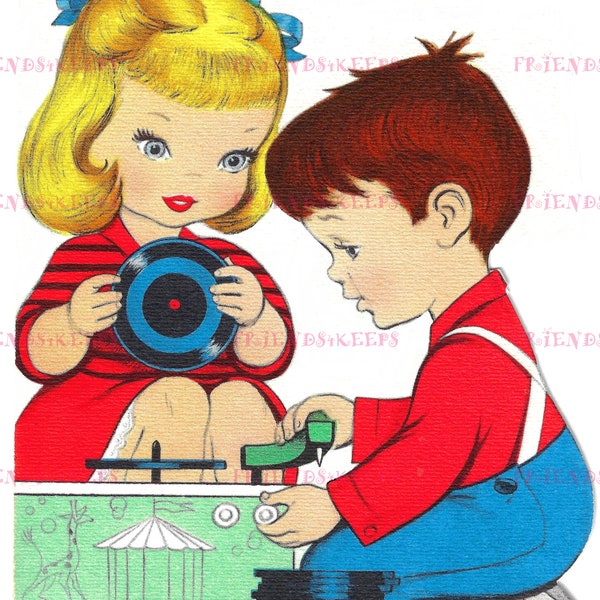 Vintage Boy and Girl PLAYING RECORDS Blank and Birthday Greeting Card Images Digital Download 2 jpg 600 dpi--CUTE Kids with Record Player!