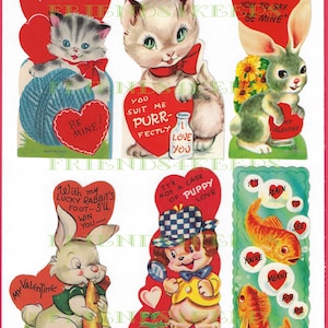 18 Printable vintage Cartes de la Saint-Valentin pour enfants Téléchargement numérique - 3 fichiers jpg 300 dpi - Adorables images d’animaux