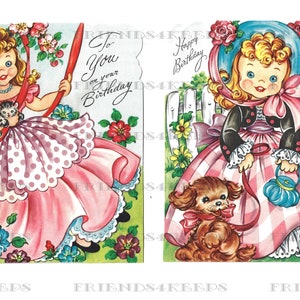 6 BIRTHDAY BELLES Instant Digital Download--Lovely, Bright Images from Vintage Girls' Greeting Cards 3 jpg files 600 dpi