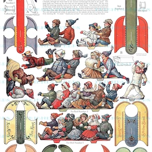 Imprimable Antique KIDS SLEDDING vintage Paper Doll Toy Stand-Ups Téléchargement numérique instantané 300 dpi et 600 dpi - Activité amusante d’hiver de 1914 !