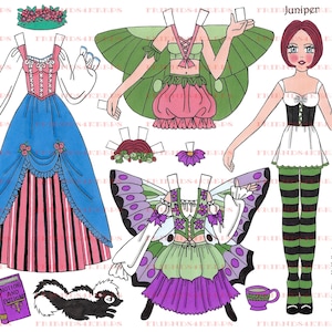 Printable 5-Page JUNIPER FAIRY Paper Doll with Fantasy Costumes--Instant Digital Download 5 jpg 600 dpi by Alina Kolluri--Prints 8.5" x 11"